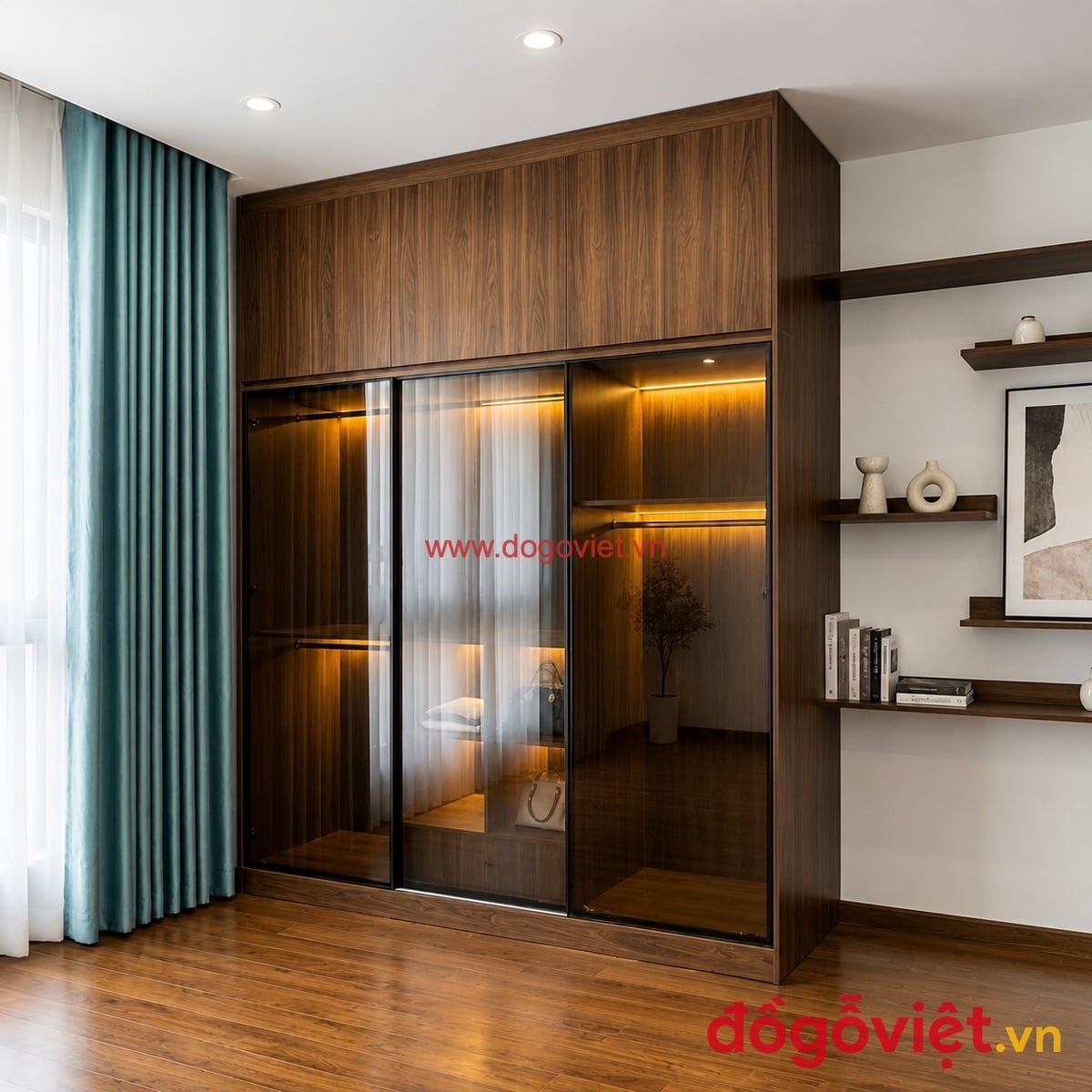 Tủ quần &aacute;o c&aacute;nh k&iacute;nh cửa l&ugrave;a kịch trần v&acirc;n gỗ &oacute;c ch&oacute; c&oacute; đ&egrave;n LED