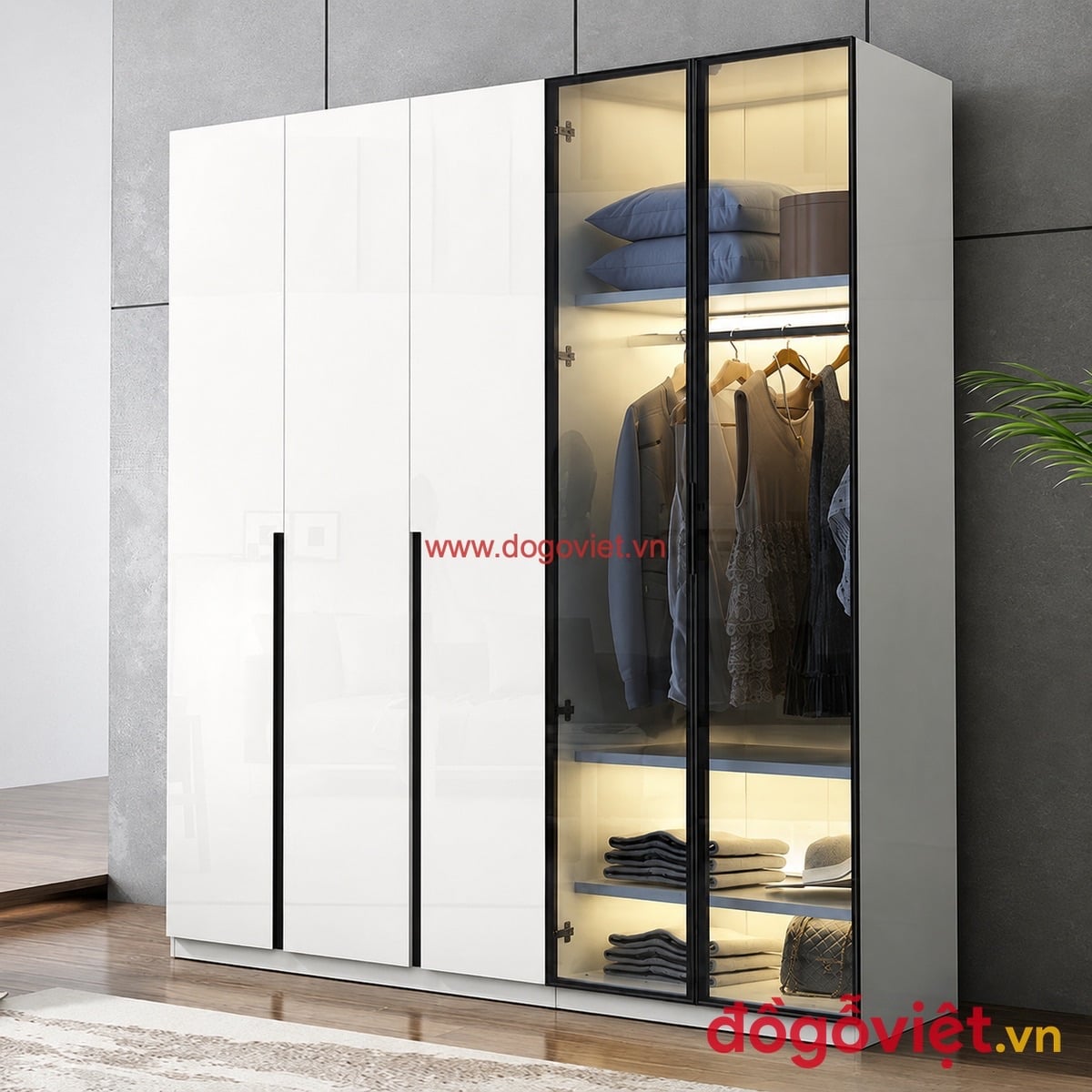 Mẫu tủ quần &aacute;o c&aacute;nh k&iacute;nh khung gỗ c&ocirc;ng nghiệp chất lượng