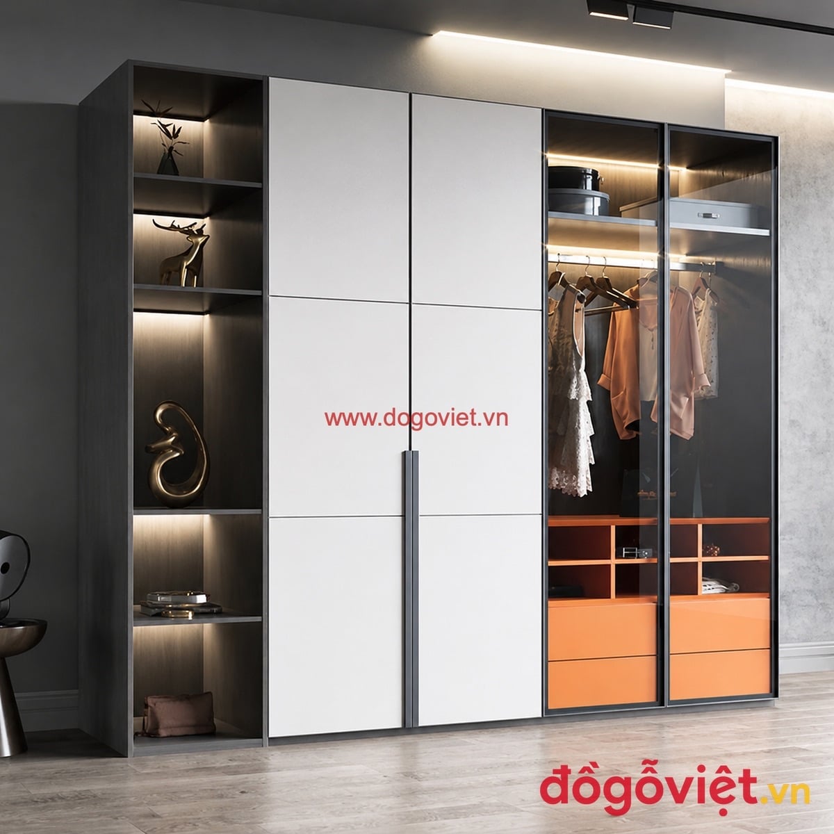 Tủ quần &aacute;o c&aacute;nh k&iacute;nh hiện đại chất liệu gỗ c&ocirc;ng nghiệp sang trọng