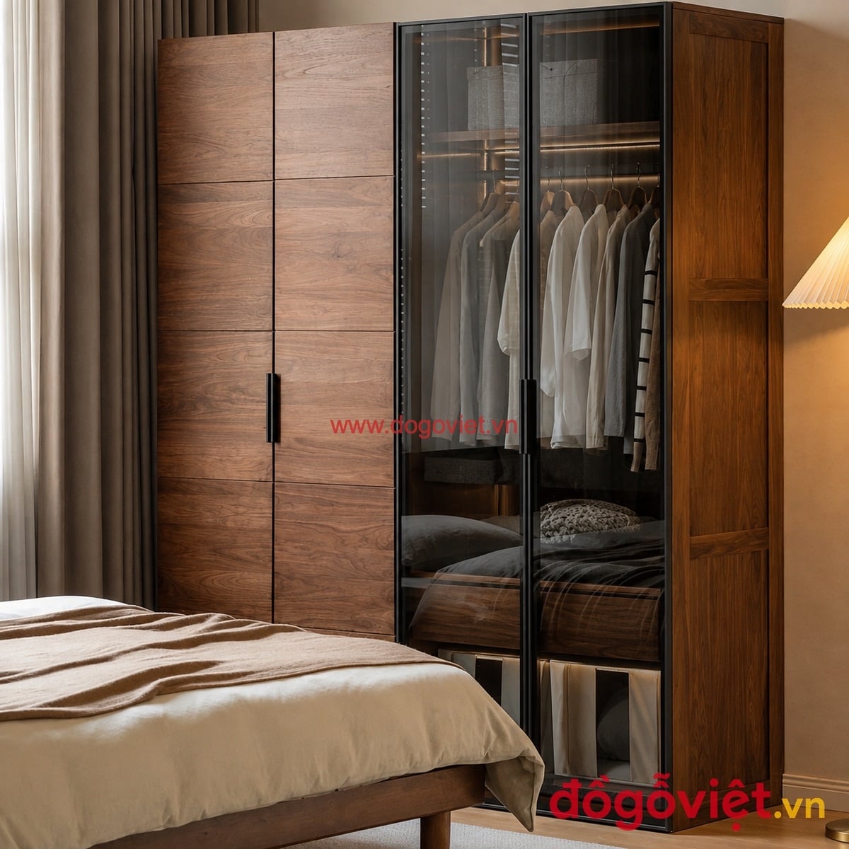 Tủ quần &aacute;o 4 c&aacute;nh gỗ tự nhi&ecirc;n phối c&aacute;nh k&iacute;nh cường lực sang trọng