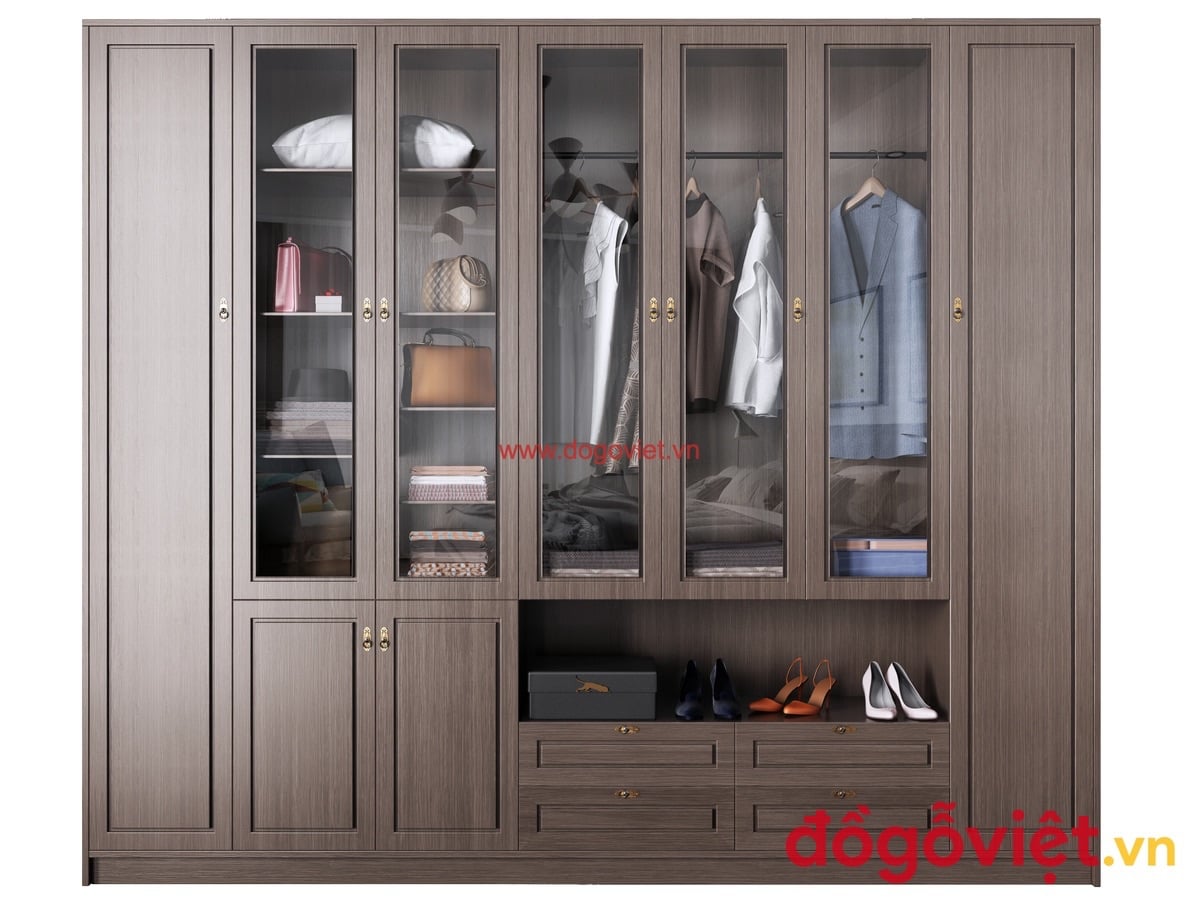 Tủ quần &aacute;o c&aacute;nh k&iacute;nh khung gỗ c&ocirc;ng nghiệp v&acirc;n x&aacute;m