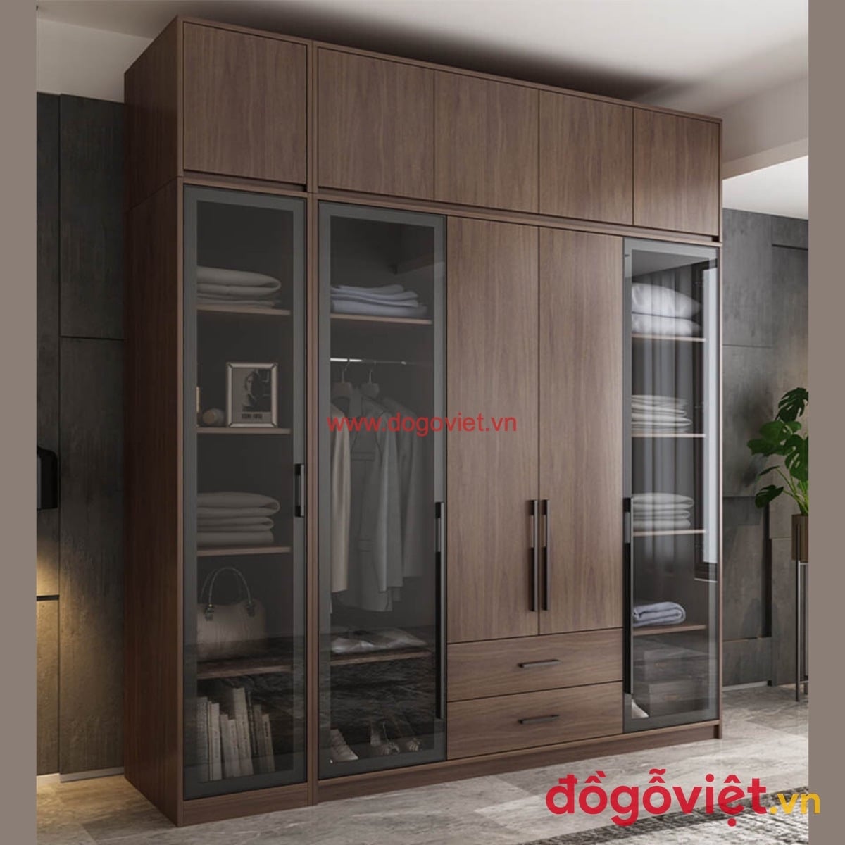 Tủ quần &aacute;o khung nh&ocirc;m c&aacute;nh k&iacute;nh kết hợp gỗ &oacute;c ch&oacute;