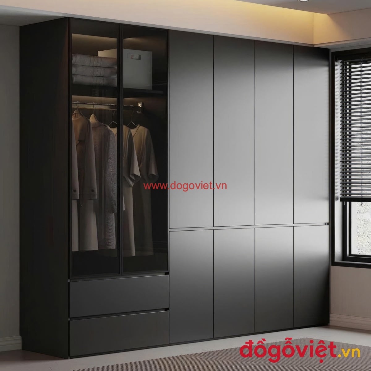 Tủ quần &aacute;o c&aacute;nh k&iacute;nh kết hợp c&aacute;nh gỗ k&iacute;n gi&uacute;p tăng sự ri&ecirc;ng tư