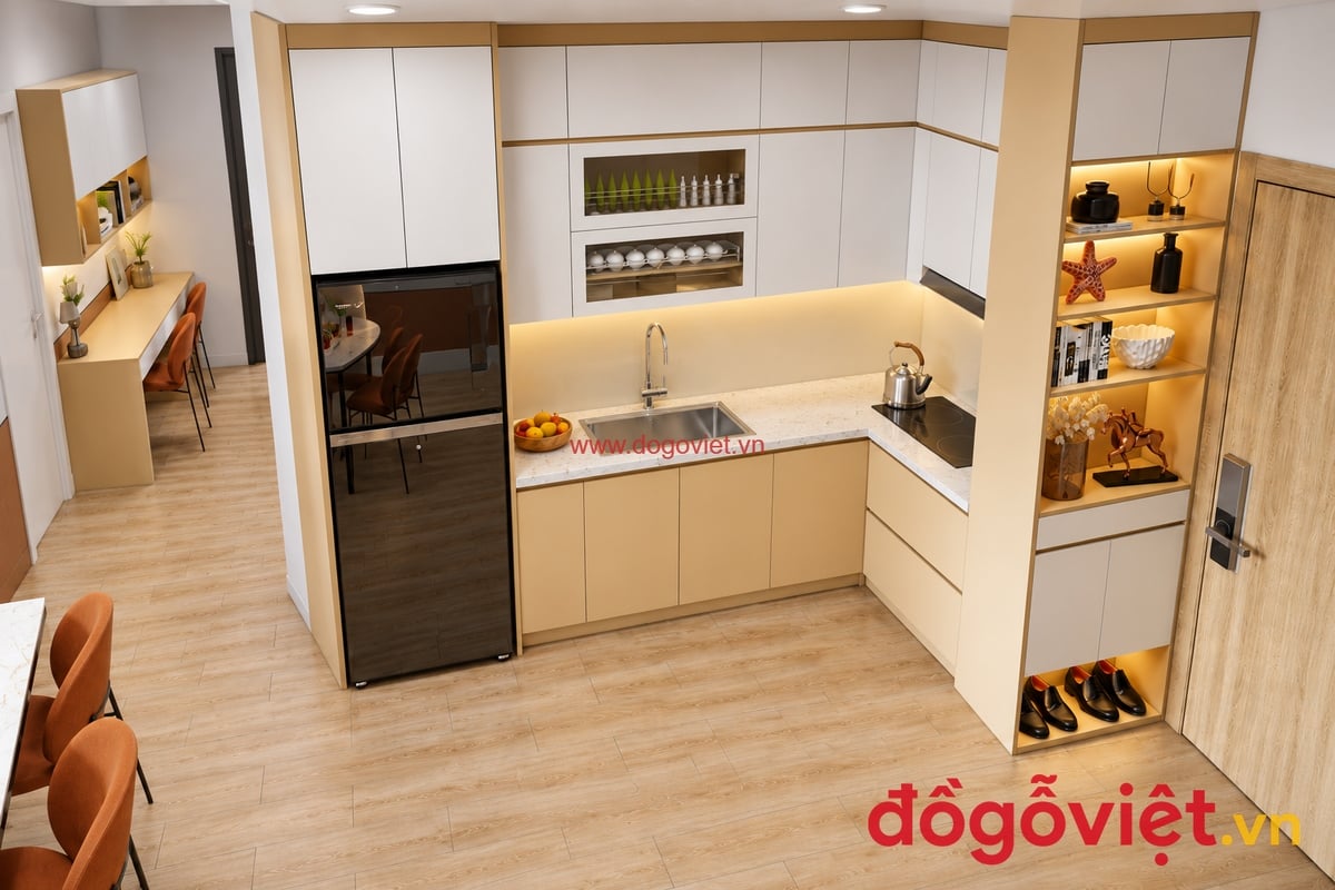 Tủ Bếp Chung Cư Nhựa Picomat Chữ L Liền Kệ Gi&agrave;y Tối Ưu