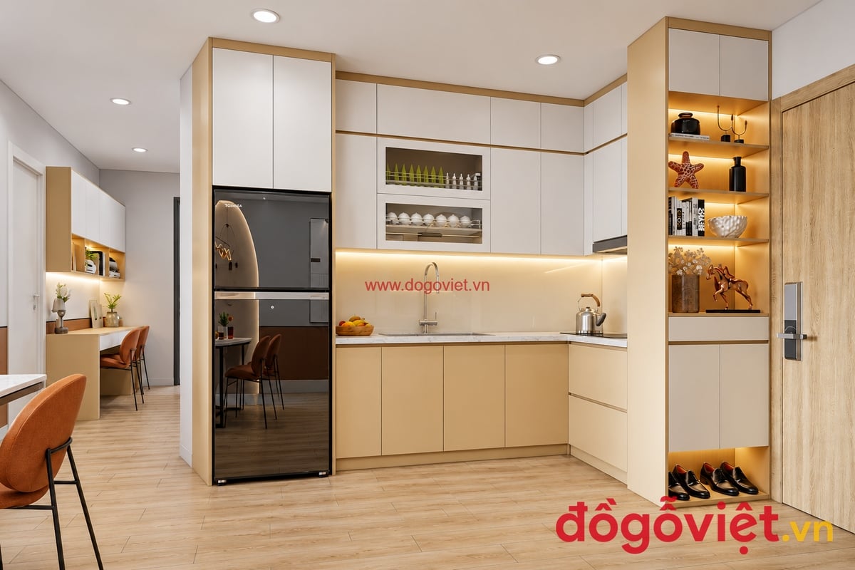 Tủ Bếp Chung Cư Nhựa Picomat Chữ L Liền Kệ Gi&agrave;y Tối Ưu