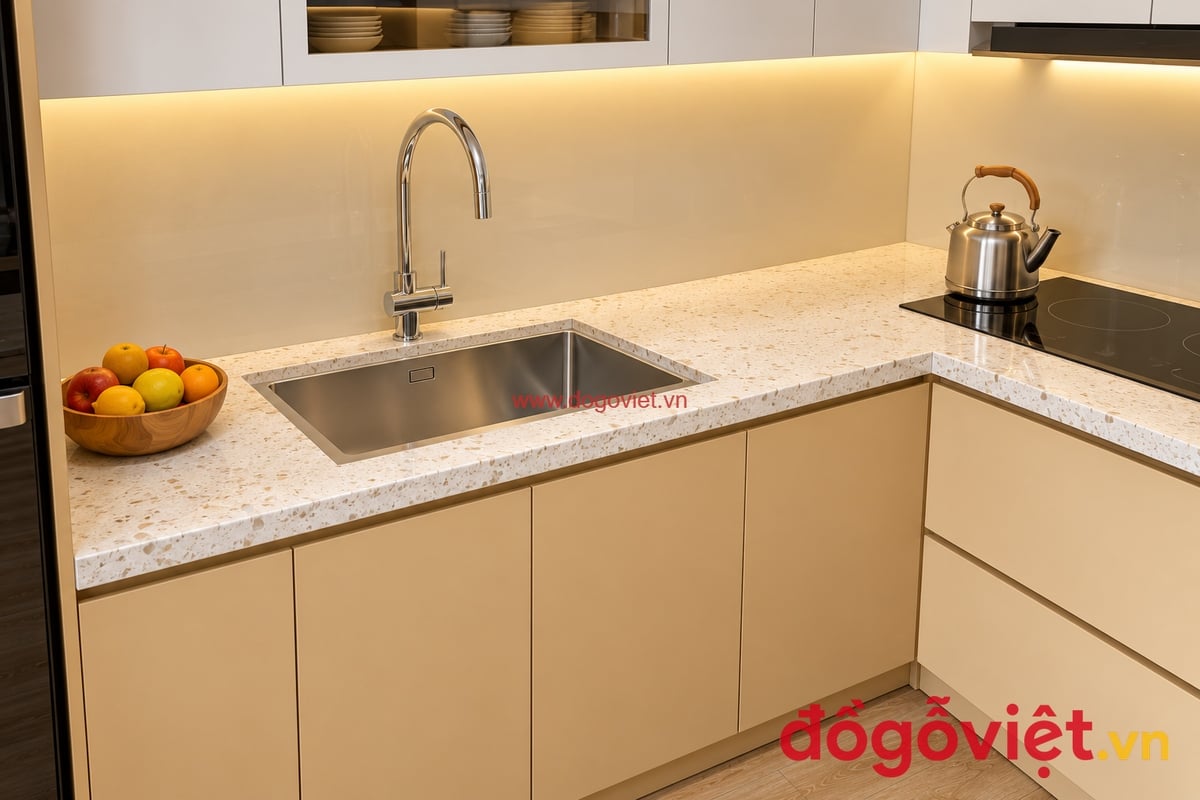 Tủ Bếp Chung Cư Nhựa Picomat Chữ L Liền Kệ Gi&agrave;y Tối Ưu
