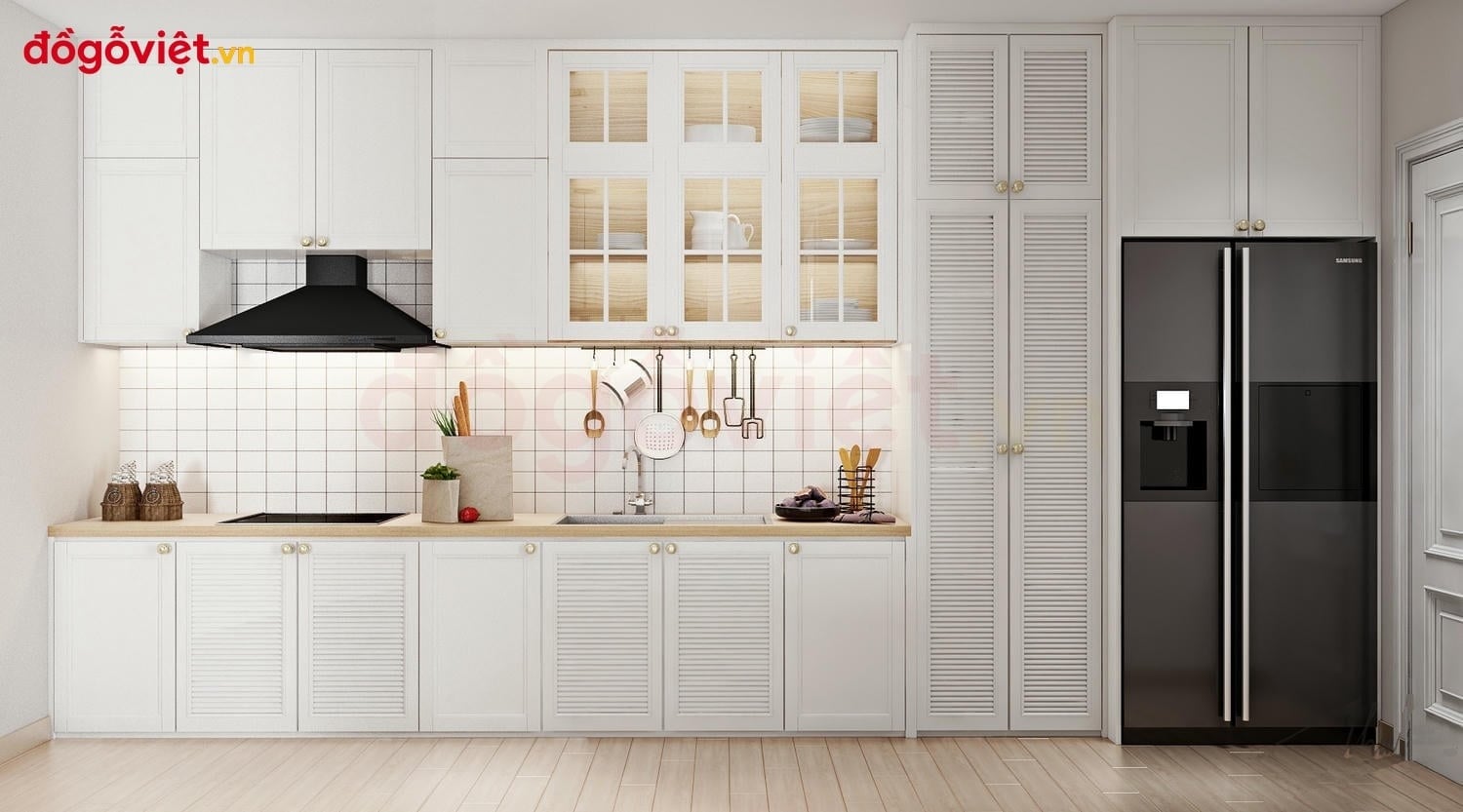 Tủ bếp gỗ m&agrave;u trắng thời thượng: chi tiết thiết kế & l&yacute; do n&ecirc;n chọn 
