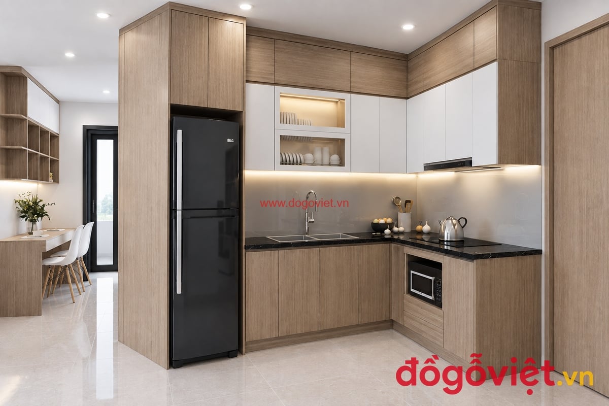 Tủ Bếp Nhựa Đặc PVC Phủ Melamine Hình Chữ L Tối Giản Tủ Bếp Nhựa Đặc PVC Phủ Melamine Hình Chữ L Tối Giản