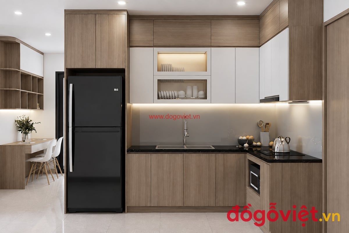 Tủ Bếp Nhựa Đặc PVC Phủ Melamine Hình Chữ L Tối Giản Tủ Bếp Nhựa Đặc PVC Phủ Melamine Hình Chữ L Tối Giản