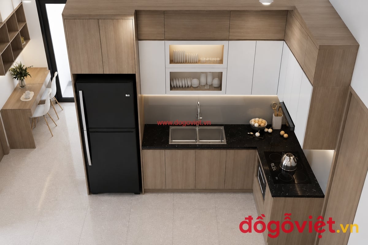 Tủ Bếp Nhựa Đặc PVC Phủ Melamine Hình Chữ L Tối Giản Tủ Bếp Nhựa Đặc PVC Phủ Melamine Hình Chữ L Tối Giản