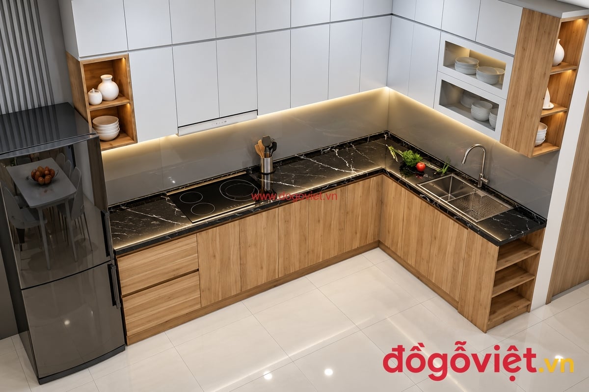 Tủ Bếp Nhựa Picomat S&aacute;t Trần H&igrave;nh Chữ L Tối Ưu Kh&ocirc;ng Gian