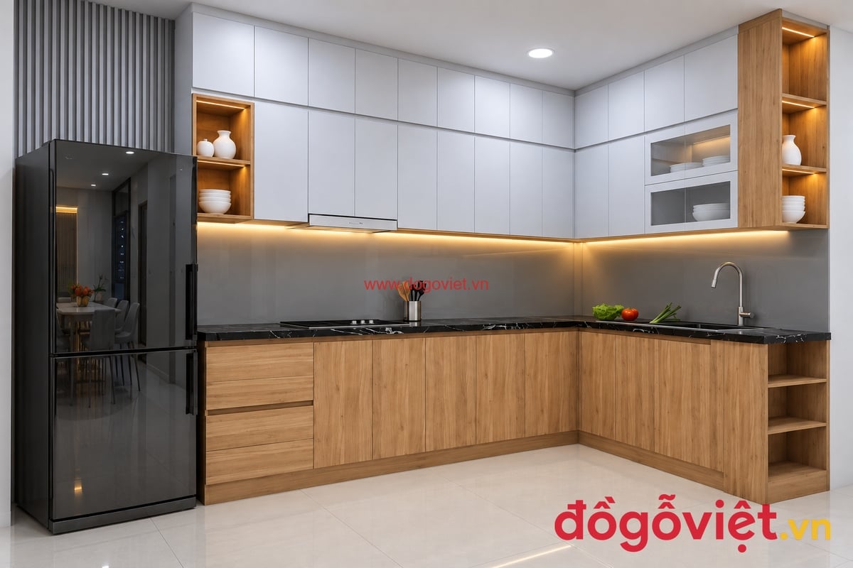 Tủ Bếp Nhựa Picomat S&aacute;t Trần H&igrave;nh Chữ L Tối Ưu Kh&ocirc;ng Gian