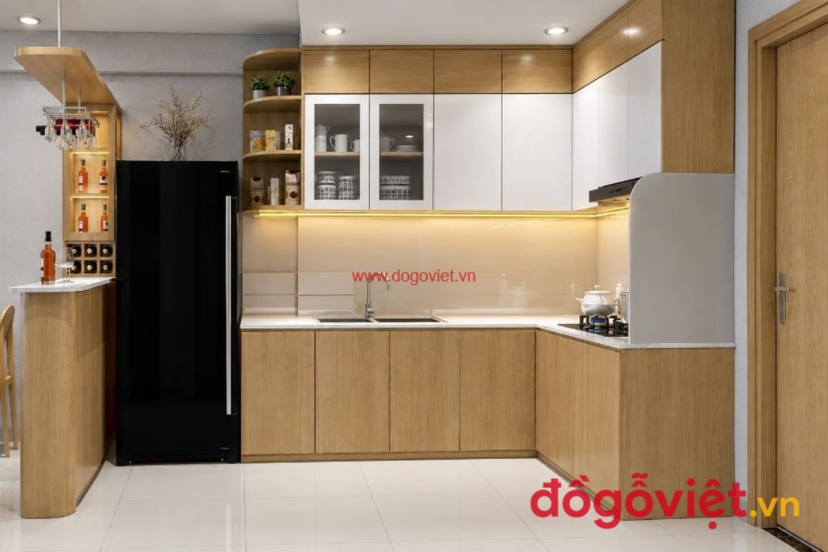 Tủ Bếp Nhựa Pima Phủ Melamine S&aacute;t Trần Chữ L Hiện Đại