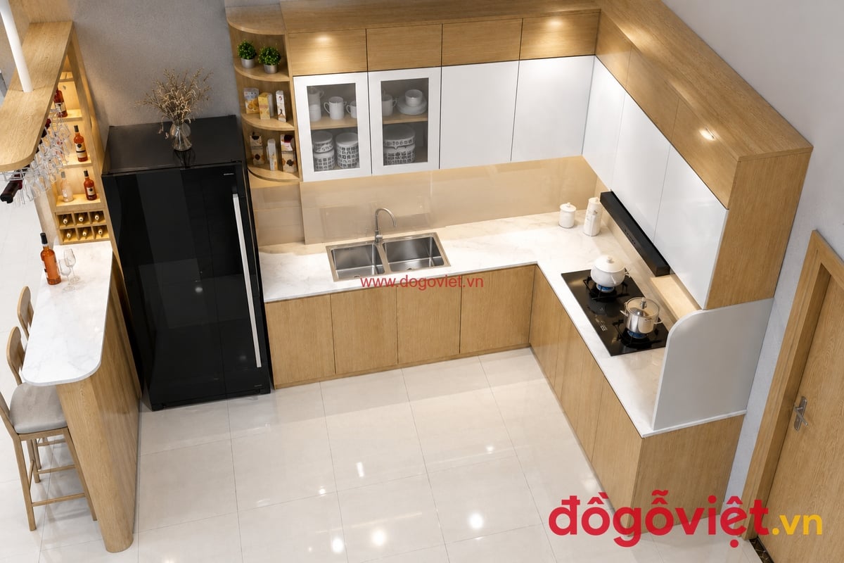 Tủ Bếp Nhựa Pima Phủ Melamine S&aacute;t Trần Chữ L Hiện Đại
