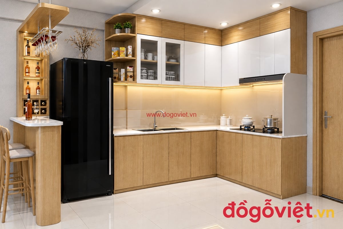Tủ Bếp Nhựa Pima Phủ Melamine S&aacute;t Trần Chữ L Hiện Đại