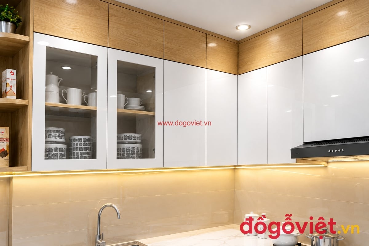 Tủ Bếp Nhựa Pima Phủ Melamine S&aacute;t Trần Chữ L Hiện Đại