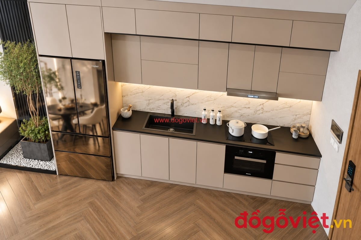 Tủ Bếp Tối Giản Nhựa Pima Phủ Melamine H&igrave;nh Chữ I Hiện Đại