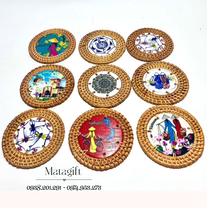 Đế lót ly quà tặng lưu niệm mây đan sứ thủ công Đế lót ly quà tặng lưu niệm mây đan sứ thủ công