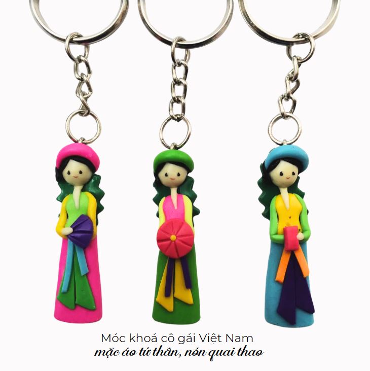 Móc khoá cô gái Việt Nam mặc áo tứ thân, nón quai thao Móc khoá cô gái Việt Nam mặc áo tứ thân, nón quai thao