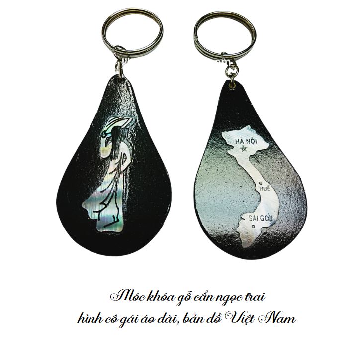 Móc khoá gỗ cẩn ngọc trai hình cô gái áo dài, bản đồ Việt Nam Móc khoá gỗ cẩn ngọc trai hình cô gái áo dài, bản đồ Việt Nam