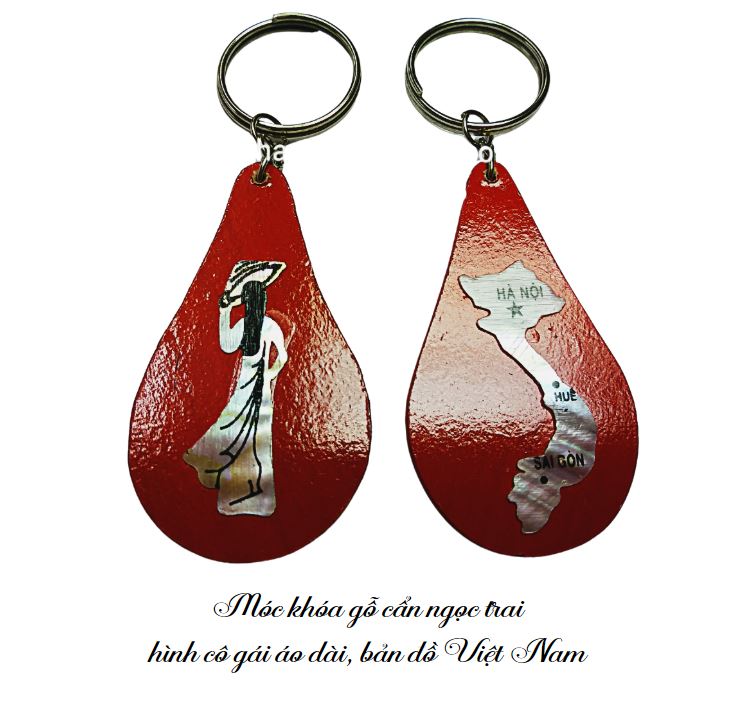 Móc khoá gỗ cẩn ngọc trai hình cô gái áo dài, bản đồ Việt Nam Móc khoá gỗ cẩn ngọc trai hình cô gái áo dài, bản đồ Việt Nam