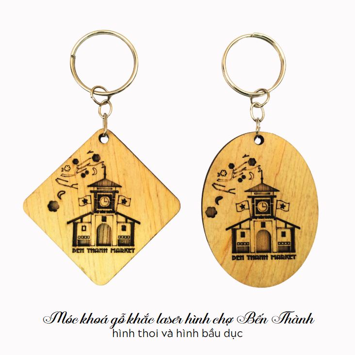 Móc khoá gỗ hình chợ Bến Thành khắc laser Móc khoá gỗ hình chợ Bến Thành khắc laser