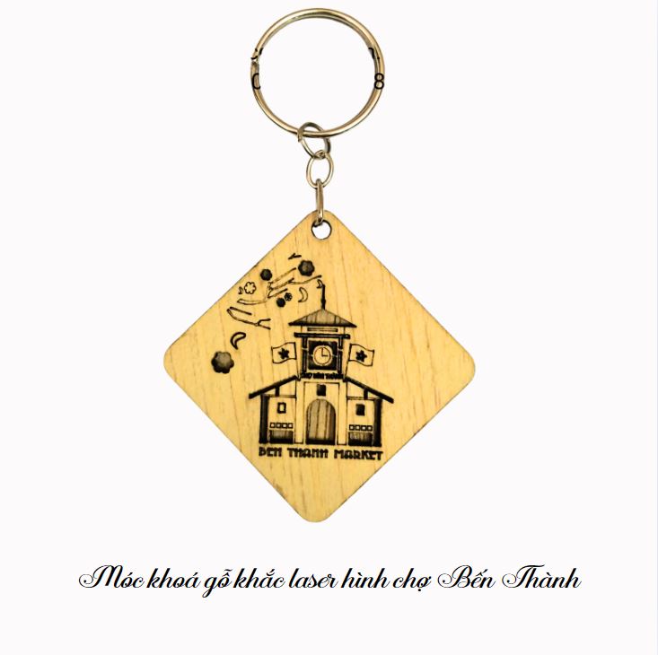 Móc khoá gỗ hình chợ Bến Thành khắc laser Móc khoá gỗ hình chợ Bến Thành khắc laser