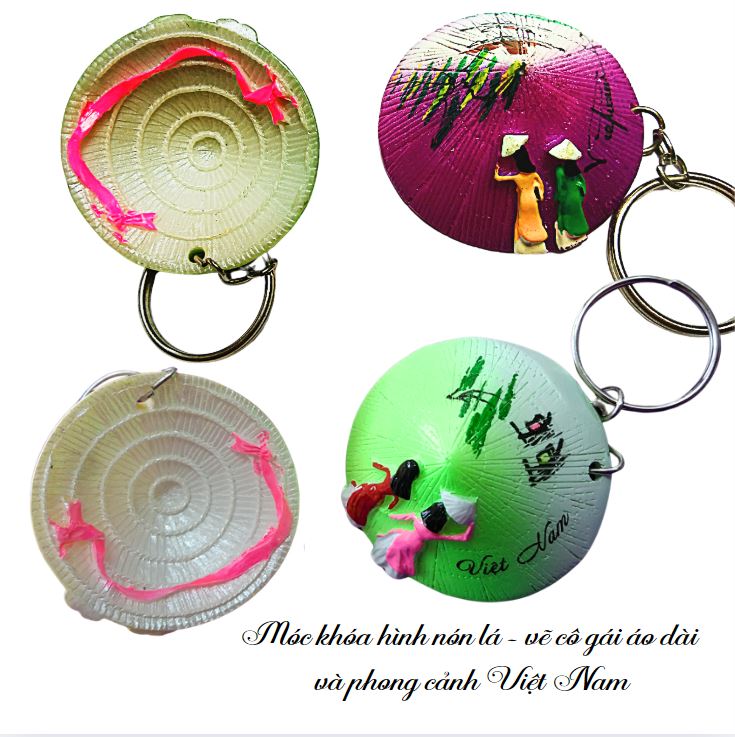 Móc khoá nón lá Việt Nam in hình cô gái mặc áo dài và phong cảnh Việt Nam Móc khoá nón lá Việt Nam in hình cô gái mặc áo dài và phong cảnh Việt Nam