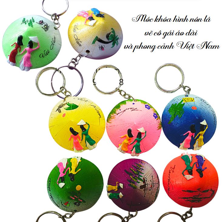 Móc khoá nón lá Việt Nam in hình cô gái mặc áo dài và phong cảnh Việt Nam Móc khoá nón lá Việt Nam in hình cô gái mặc áo dài và phong cảnh Việt Nam