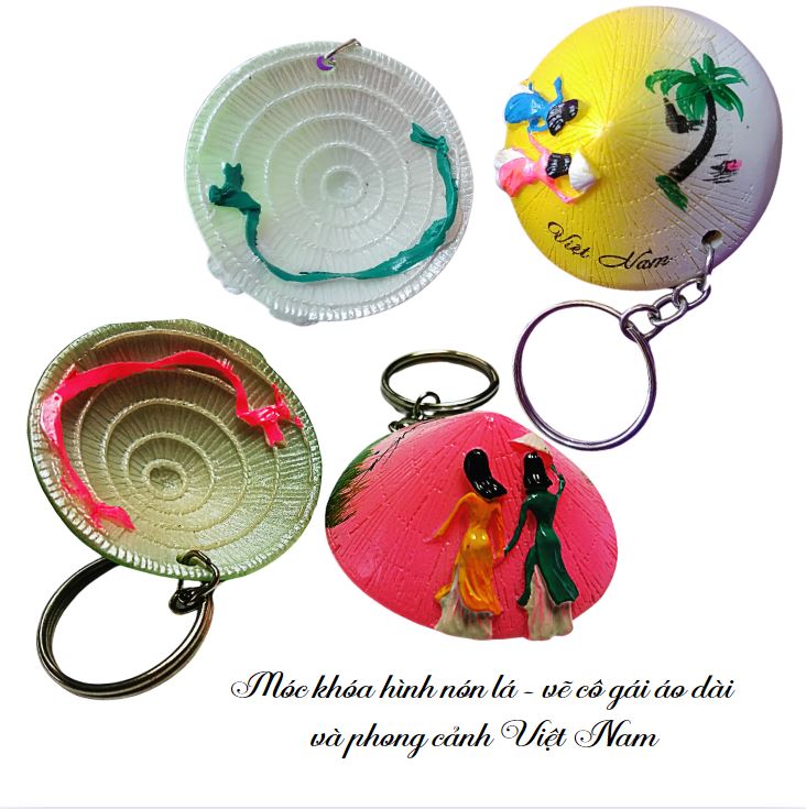 Móc khoá nón lá Việt Nam in hình cô gái mặc áo dài và phong cảnh Việt Nam Móc khoá nón lá Việt Nam in hình cô gái mặc áo dài và phong cảnh Việt Nam