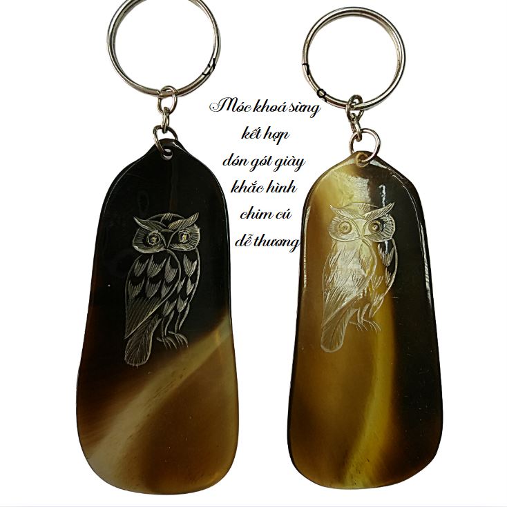 Móc khoá sừng kết hợp đón gót giày khắc hình chim cú dễ thương Móc khoá sừng kết hợp đón gót giày khắc hình chim cú dễ thương