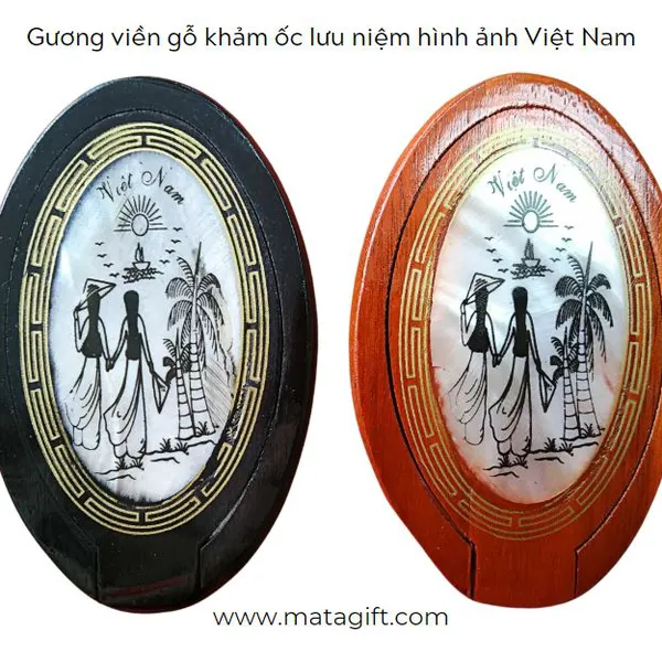 Gương gỗ khảm ốc hình oval in hình cô gái và biểu tượng VN
