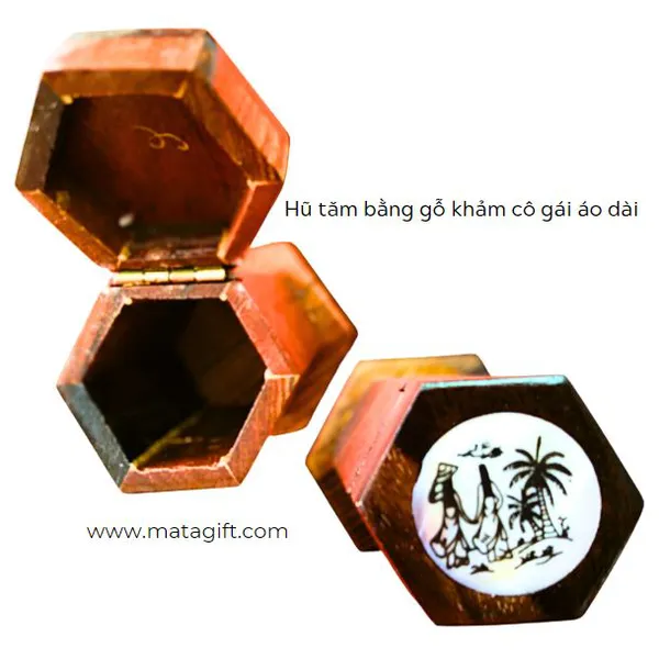 Hũ đựng tăm bằng gỗ khảm trai hình cô gái áo dài