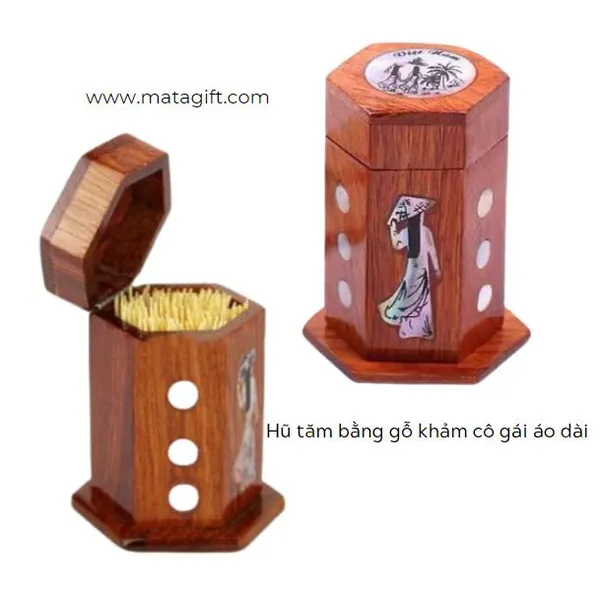 Hũ đựng tăm bằng gỗ khảm trai hình cô gái áo dài