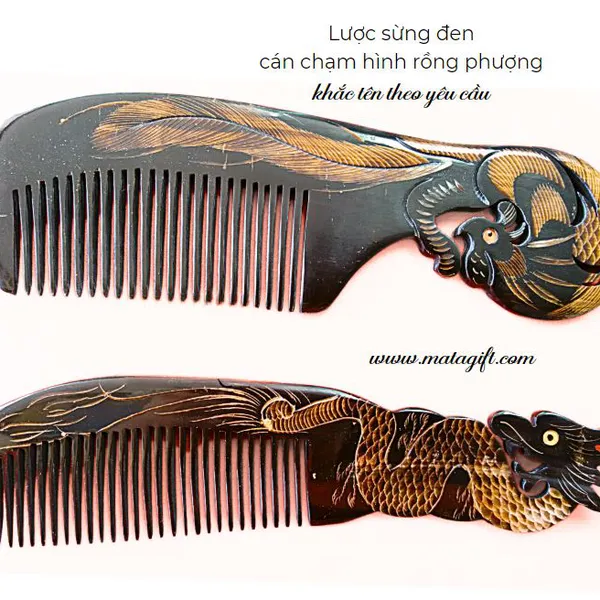 Lược sừng đen chạm hình rồng phượng
