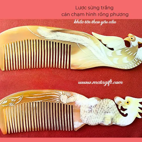 Lược sừng trắng chạm hình rồng phượng