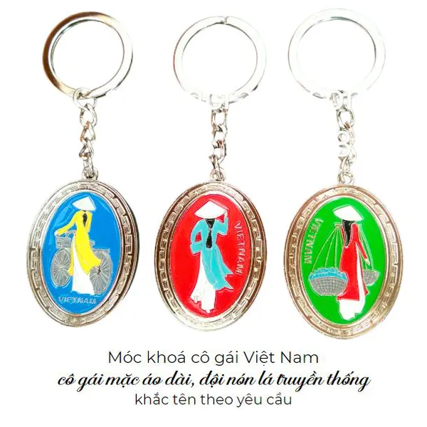 Móc khóa kim loại hình cô gái Việt Nam mặc áo dài đội nón lá 