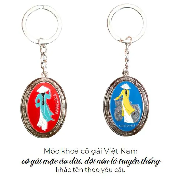 Móc khóa kim loại hình cô gái Việt Nam mặc áo dài đội nón lá 