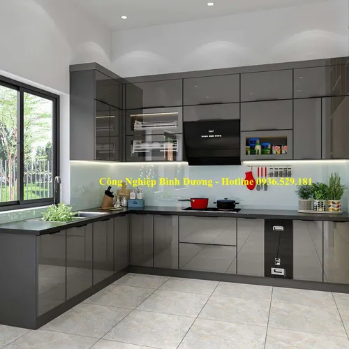TỦ BẾP NHÔM KÍNH HÌNH CHỮ L 