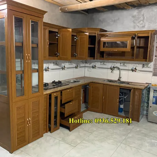 TỦ BẾP NHÔM KÍNH HÌNH CHỮ L 