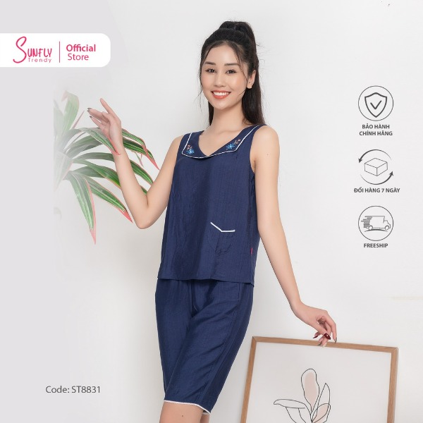 Bộ đồ mặc nhà nữ linen SUNFLY áo sát nách quần trên gối tím Bộ đồ mặc nhà nữ linen SUNFLY áo sát nách quần trên gối tím