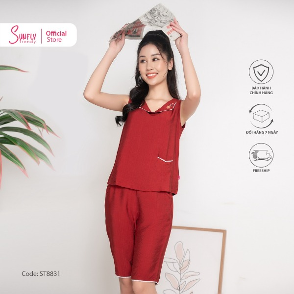 Bộ đồ mặc nhà nữ linen SUNFLY áo sát nách quần trên gối đỏ Bộ đồ mặc nhà nữ linen SUNFLY áo sát nách quần trên gối đỏ