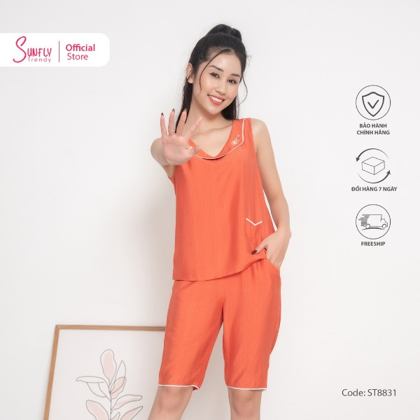 Bộ đồ mặc nhà nữ linen SUNFLY áo sát nách quần trên gối cam Bộ đồ mặc nhà nữ linen SUNFLY áo sát nách quần trên gối cam