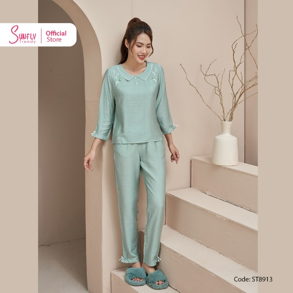Bộ Đồ Mặc Nhà Nữ Linen SUNFLY Áo Tay Lỡ Quần Dài xanh Bộ Đồ Mặc Nhà Nữ Linen SUNFLY Áo Tay Lỡ Quần Dài xanh