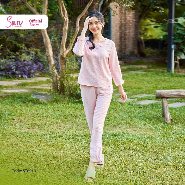 Bộ Đồ Mặc Nhà Nữ Linen SUNFLY Áo Tay Lỡ Quần Dài hồng nhạt Bộ Đồ Mặc Nhà Nữ Linen SUNFLY Áo Tay Lỡ Quần Dài hồng nhạt