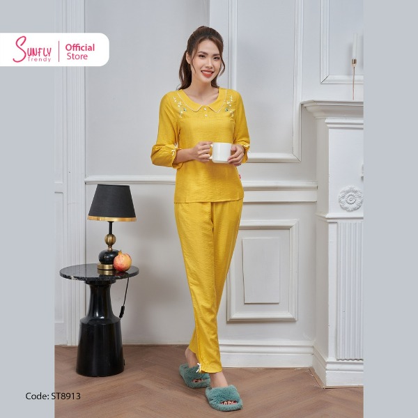 Bộ Đồ Mặc Nhà Nữ Linen SUNFLY Áo Tay Lỡ Quần Dài vàng Bộ Đồ Mặc Nhà Nữ Linen SUNFLY Áo Tay Lỡ Quần Dài vàng