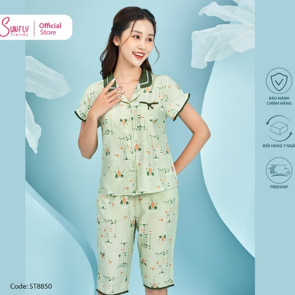 Bộ Đồ Mặc Nhà Nữ Pijamas Linen Sunfly Áo Cộc, Quần Ngố vỏ đậu Bộ Đồ Mặc Nhà Nữ Pijamas Linen Sunfly Áo Cộc, Quần Ngố vỏ đậu