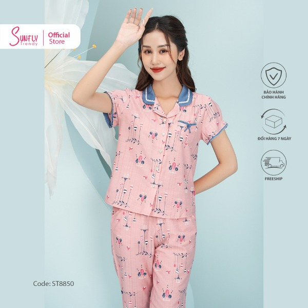 Bộ Đồ Mặc Nhà Nữ Pijamas Linen Sunfly Áo Cộc, Quần Ngố hồng tím Bộ Đồ Mặc Nhà Nữ Pijamas Linen Sunfly Áo Cộc, Quần Ngố hồng tím