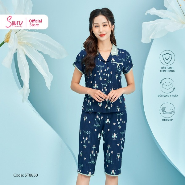 Bộ Đồ Mặc Nhà Nữ Pijamas Linen Sunfly Áo Cộc, Quần Ngố tím Bộ Đồ Mặc Nhà Nữ Pijamas Linen Sunfly Áo Cộc, Quần Ngố tím