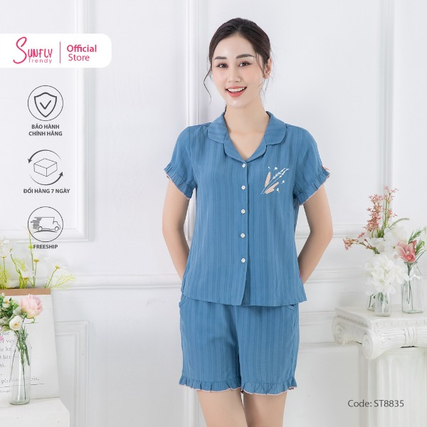Bộ đồ mặc nhà nữ pijamas linen SUNFLY áo cộc quần sooc Xanh Bộ đồ mặc nhà nữ pijamas linen SUNFLY áo cộc quần sooc Xanh